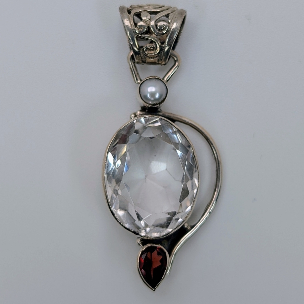 Clear Quartz, Garnet, & Pearl Pendant S925 Sterling Silver Gemstone Jewelry